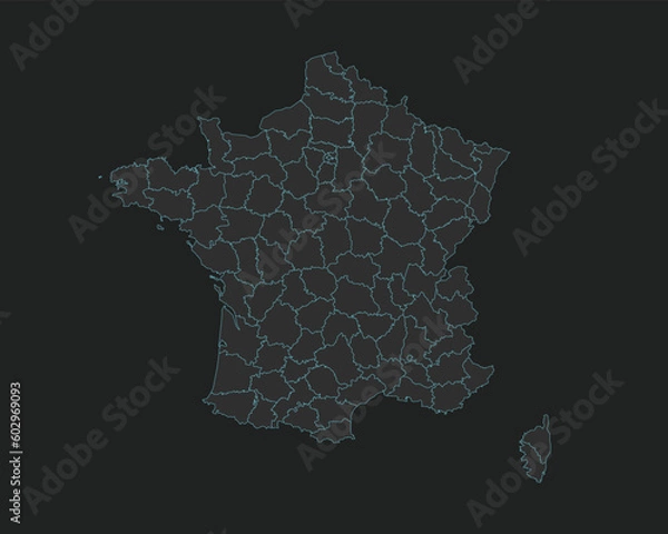 Fototapeta High quality vector Map of France. Editable illustration in detail with borders of the departments. Isolated on dark grey background with light blue color.