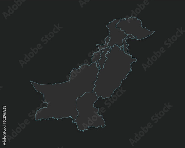 Fototapeta High quality vector Map of Pakistan. Editable illustration in detail with borders of the regions. Isolated on dark grey background with light blue color.