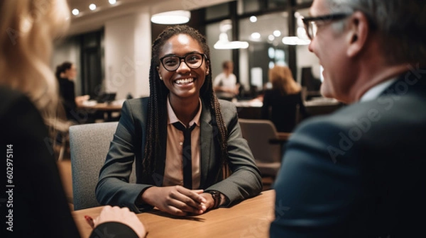 Fototapeta young black woman with glasses talking with hiring managers created with generative AI tools