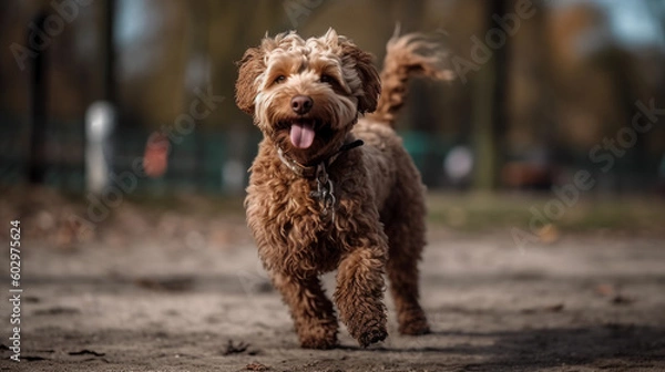 Fototapeta a maltipoo dog running in the park created with generative AI tools