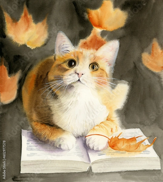 Fototapeta Watercolor illustration of a ginger fluffy cat lying on an open book with yellow autumn leaves in the background