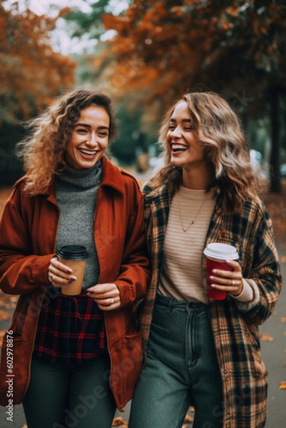 Fototapeta two women in autumn park walking and laughing created with generative AI