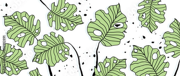 Fototapeta Vector botanical background art. Tropical abstract monstera pattern with shadows on a white background. Abstract floral design for print, cover, wallpaper, minimal and natural wall art.