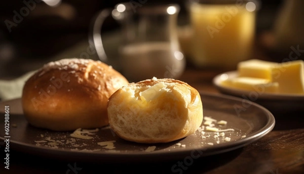 Fototapeta Freshly baked bread and butter on plate generated by AI