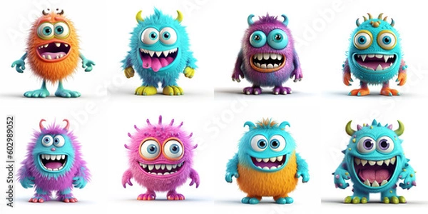 Fototapeta Happy Halloween. Monster colorful 3d set. Cute kawaii cartoon scary funny baby character. Eyes, tongue, tooth fang, hands up. White background