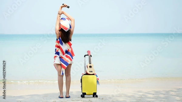 Fototapeta Summer Party. Traveler and tourism woman travel in summer on the beach and white sand. Asian relax with suitcase Happy and enjoyed for travel trip and outdoor.on Summer Vacation