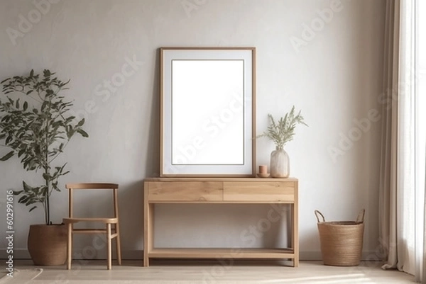 Obraz Blank wooden picture frame mockup on wall in modern interior. Vertical artwork template mock up for artwork, painting, photo or poster in interior design, AI generated art