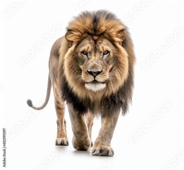 Obraz Lion walking on white background. Generative AI