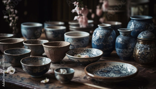 Obraz Earthenware pottery collection, ornate patterns, rustic decoration generated by AI