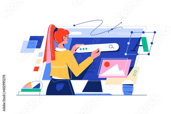 Fototapeta Girl web designer works on computer