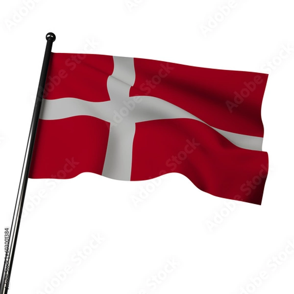 Obraz The Denmark flag 3D rendering on gray features a red field with a white Scandinavian cross. The colors symbolize courage, strength, and the Christian faith