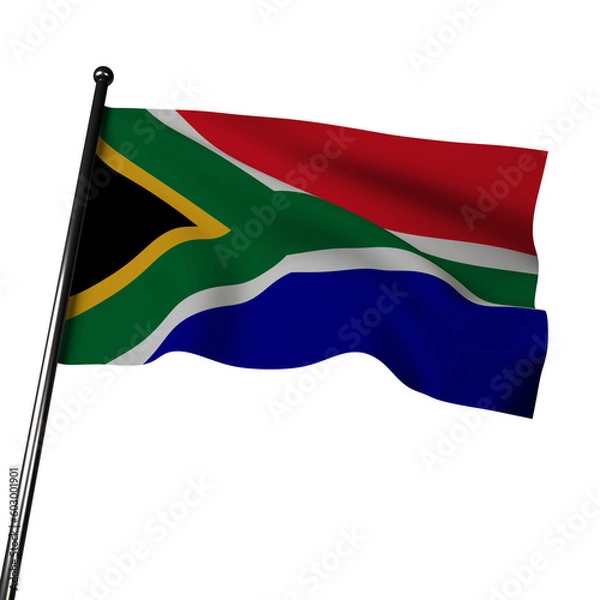 Obraz Illustration of South Africa's flag waving in the wind, isolated on a gray background. The flag features horizontal bands of red, white, and blue