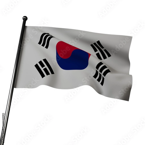 Obraz Illustration of South Korea's flag waving in the wind, isolated on a gray background. The flag features a red and blue Yin-Yang symbol, called Taeguk, in the center