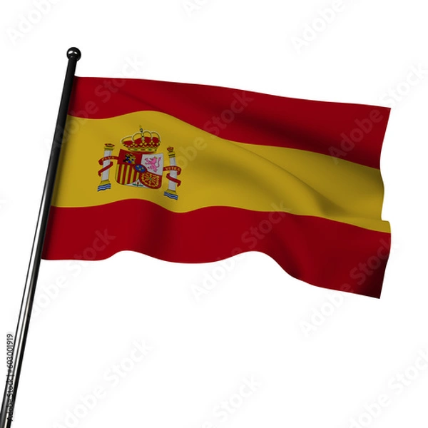 Obraz  Illustration of Spain's flag waving in the wind, isolated on a gray background. The flag features horizontal bands of red and yellow, with the yellow band being double the width of the red bands