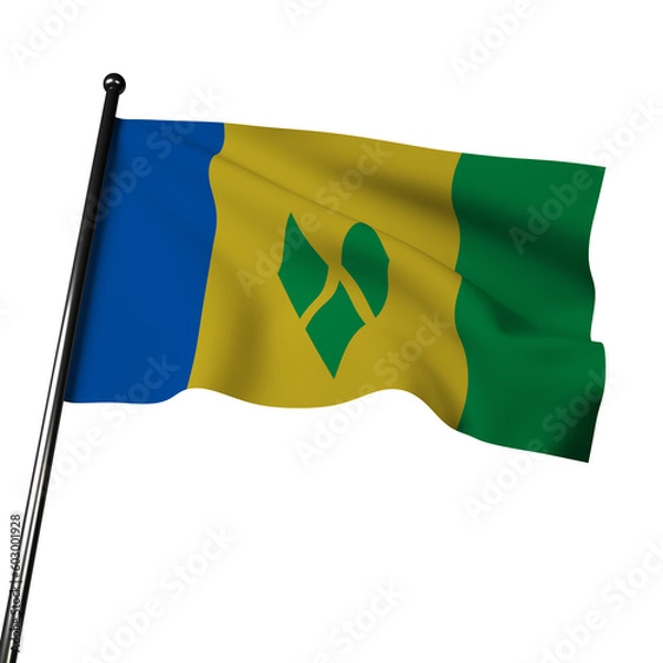 Obraz Illustration of St. Vincent and the Grenadines' flag waving in the wind, isolated on a gray. The flag has three vertical bands of blue, yellow, and green, with three green diamonds in the center.