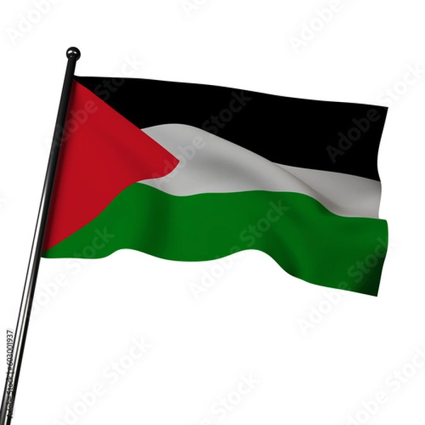 Obraz 3D illustration of the flag of the State of Palestine waving in the wind, isolated on grey. Composed of horizontal bands of black, white and green, with a red triangle on the left.