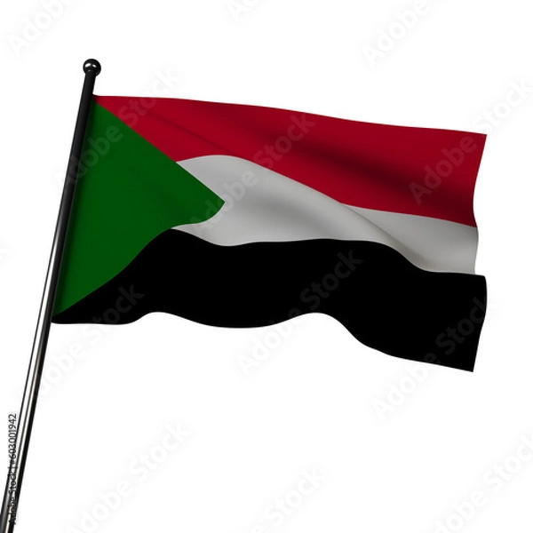 Fototapeta 3D Sudan's flag waving in the wind, isolated on gray. The flag features horizontal bands of red, white, and black, with a green triangle on the hoist side. 