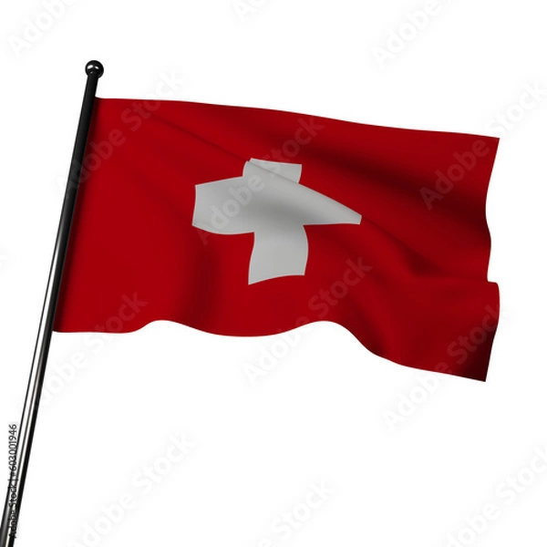 Obraz Switzerland's 3D flag waving in the wind, isolated on a gray . The flag features a red field with a white Greek cross in the center. 