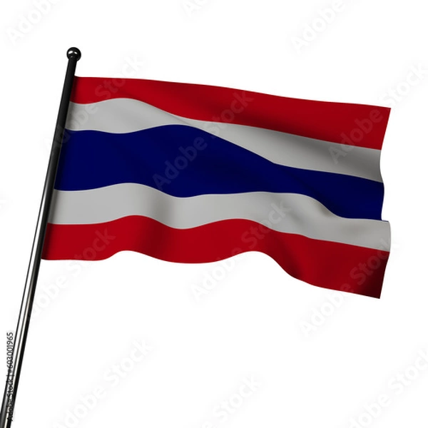 Obraz Thailand's flag in 3D waving in the wind, isolated on gray. It has  horizontal bands of red, white, and blue. The colors represent the nation, religion, and monarchy.