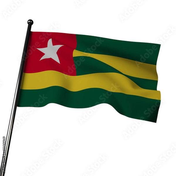 Obraz 3D Togo flag waving in the wind, isolated on gray. The flag has horizontal bands of green, yellow, and red, with a white star in the corner. 