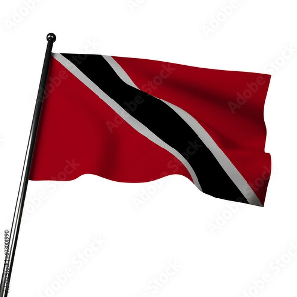 Obraz Trinidad and Tobago's flag waving in the wind, isolated on gray. The flag has horizontal bands of red, white, and black, with a white-edged black equilateral triangle on the hoist side. 