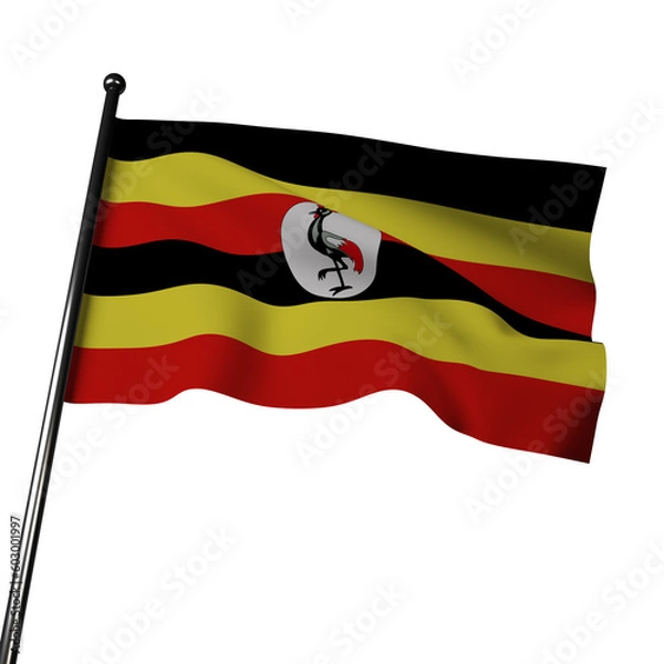Obraz The flag of Uganda waves proudly in 3D, against a gray background. It consists of six horizontal stripes of black, yellow, and red, with a white circle in the center.
