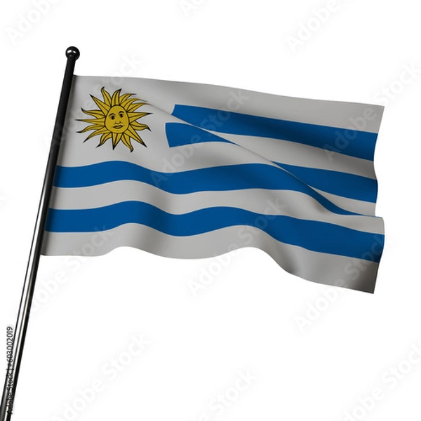 Obraz The flag of Uruguay waves proudly in 3D, against a gray background. It features horizontal stripes of white, sun, and white, with a golden sun emblem in the center. 
