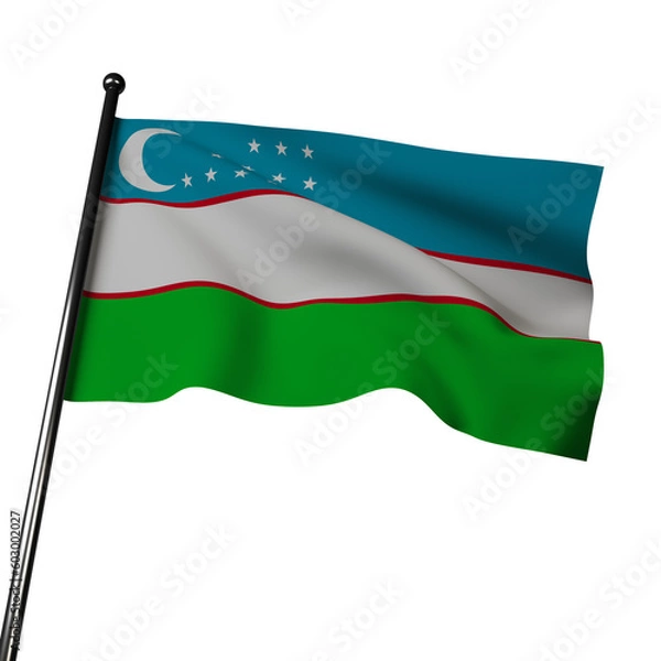 Obraz The flag of Uzbekistan flutters in the wind in this 3D illustration. It has horizontal blue, white, and green stripes, with a red crescent and star in the top left corner.