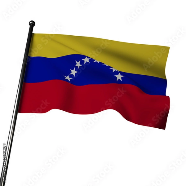 Obraz The flag of Venezuela proudly waves in 3D, against a gray background. It features horizontal bands of yellow, blue, and red, with an arc of eight white stars in the blue band. 