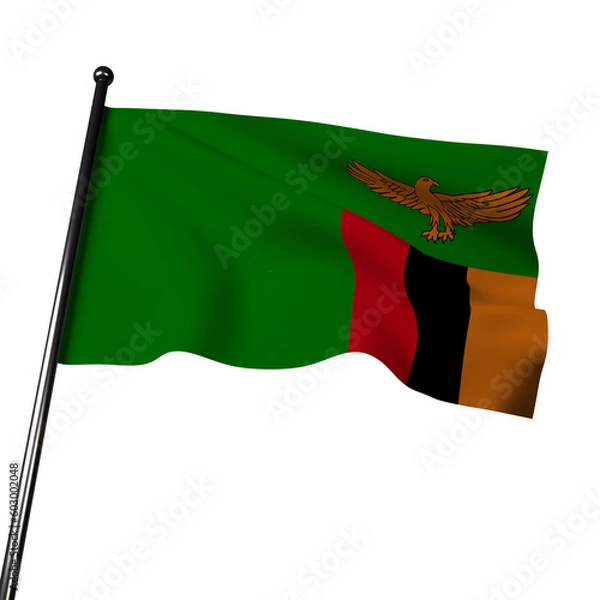 Obraz 3D illustration of Zambia's flag waving against a gray background. The flag features a green field with an orange eagle in flight and a vertical band of red on the hoist side. 