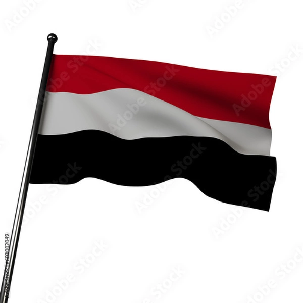 Fototapeta 3D illustration of Yemen's flag waving against a gray background. The flag features three horizontal stripes of red, white, and black with a red triangle on the left side. 
