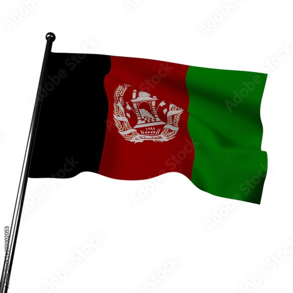 Obraz 3D rendering of Afghanistan's flag with fabric that waves in the wind. On a gray backdrop, the green, black and red stripes and white emblem stand out clearly.