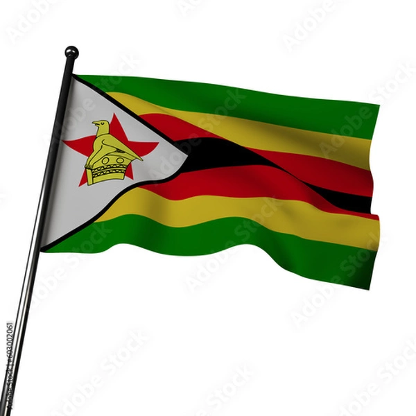 Obraz 3D illustration of Zimbabwe's flag waving against a gray background. 