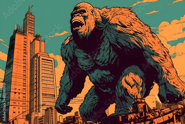 Fototapeta King Kong at the skyscrapers. Generative AI