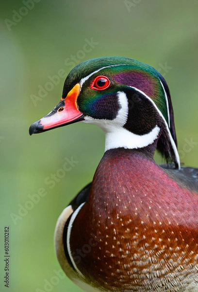Fototapeta Close up portrait of a male wood duck in Kent, UK. This colorful duck has some of the most beautiful plumage of all waterfowl. Wood duck or Carolina duck (Aix sponsa) in Kelsey Park, Beckenham, London