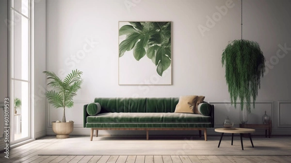 Fototapeta Grüne Coach Sofa in modernen Wohnzimmer modern minimalistisch grün pflanzen Generative AI