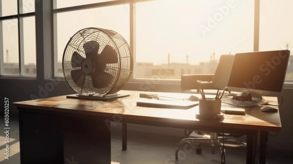 Obraz Heisser Sommer Sonne Arbeitsplatz Büro Office Ventilator Generative AI