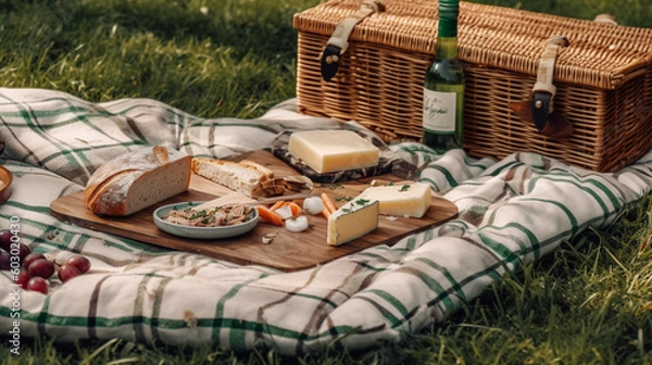 Obraz Luxus Picknick  im Grünen auf Picknick Decke Romantisch Essen Korb Generative AI