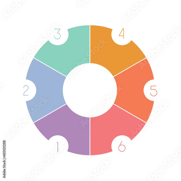 Obraz  Infographicks template for presentation or newsletters, Powerpoint and Keynote, newsletter. Colored gear numbered with space for text on six 6 positions