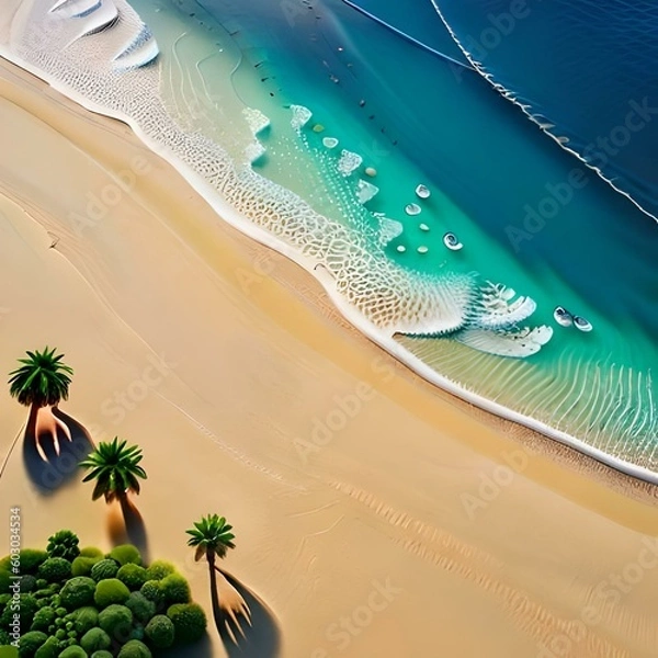 Obraz real top view of a hyperrealistic beach with sand and transparent sea 