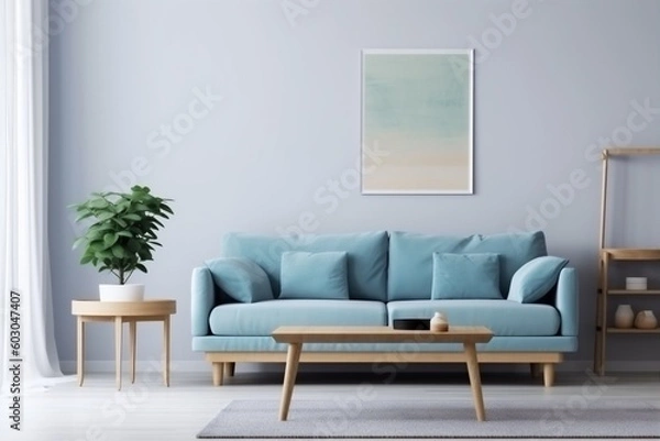 Fototapeta interior background copy space design empty three-dimensional couch loft pillow mock up brick. Generative AI.