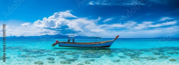 Fototapeta Panoramic View of Tropical Island Vacation on Turquoise Waters, generative AI