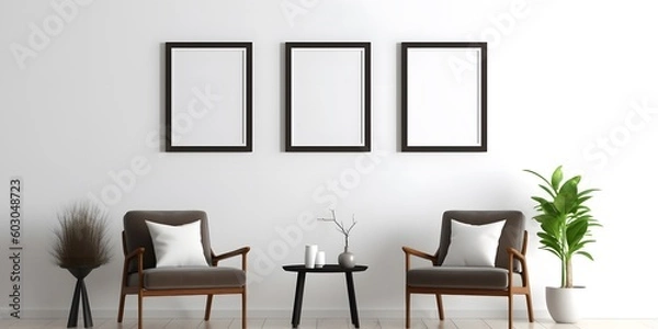 Fototapeta Blank picture frame mockup on white wall,Generative AI.