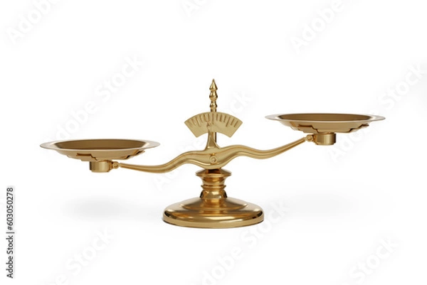 Obraz Golden uneven balance scales isolated on white background. 3d illustration.