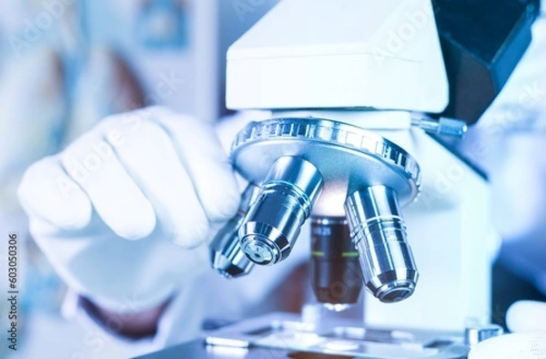 Fototapeta Biological scientist looking at  samples by using microscope doing research for new vaccine in pharmaceutical labolatory