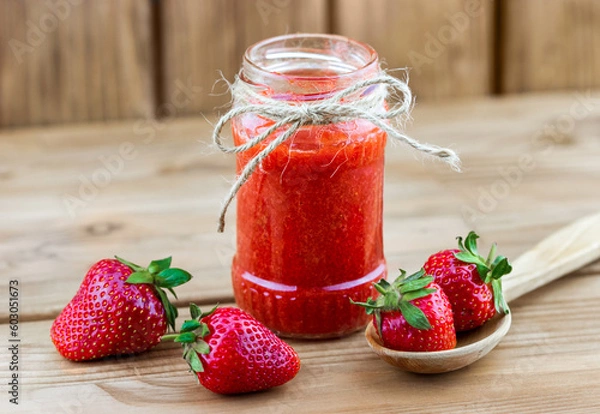 Obraz Jar of strawberry mash with fresh strawberries in the spoon on wooden background