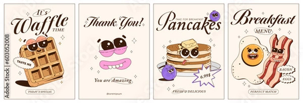 Obraz Trendy posters with funny characters. Fresh baked, pancakes, waffles, bacon, eggs, blueberries. Branding mascots for cafe, restaurant, bar. Vector illustration.