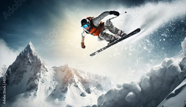 Fototapeta snowboarder rides in the mountains. Generative AI,