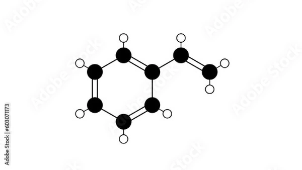 Fototapeta styrene molecule, structural chemical formula, ball-and-stick model, isolated image vinylbenzene