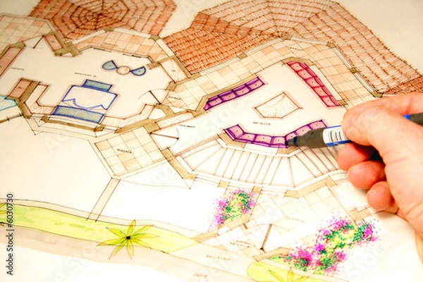 Fototapeta colored architectural plans for home and landscaping